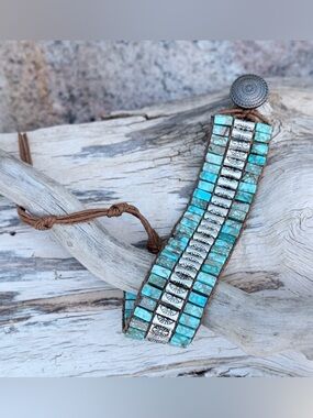 Turquoise Bead and Silver Accent Wrap Boho Stackable Bracelet